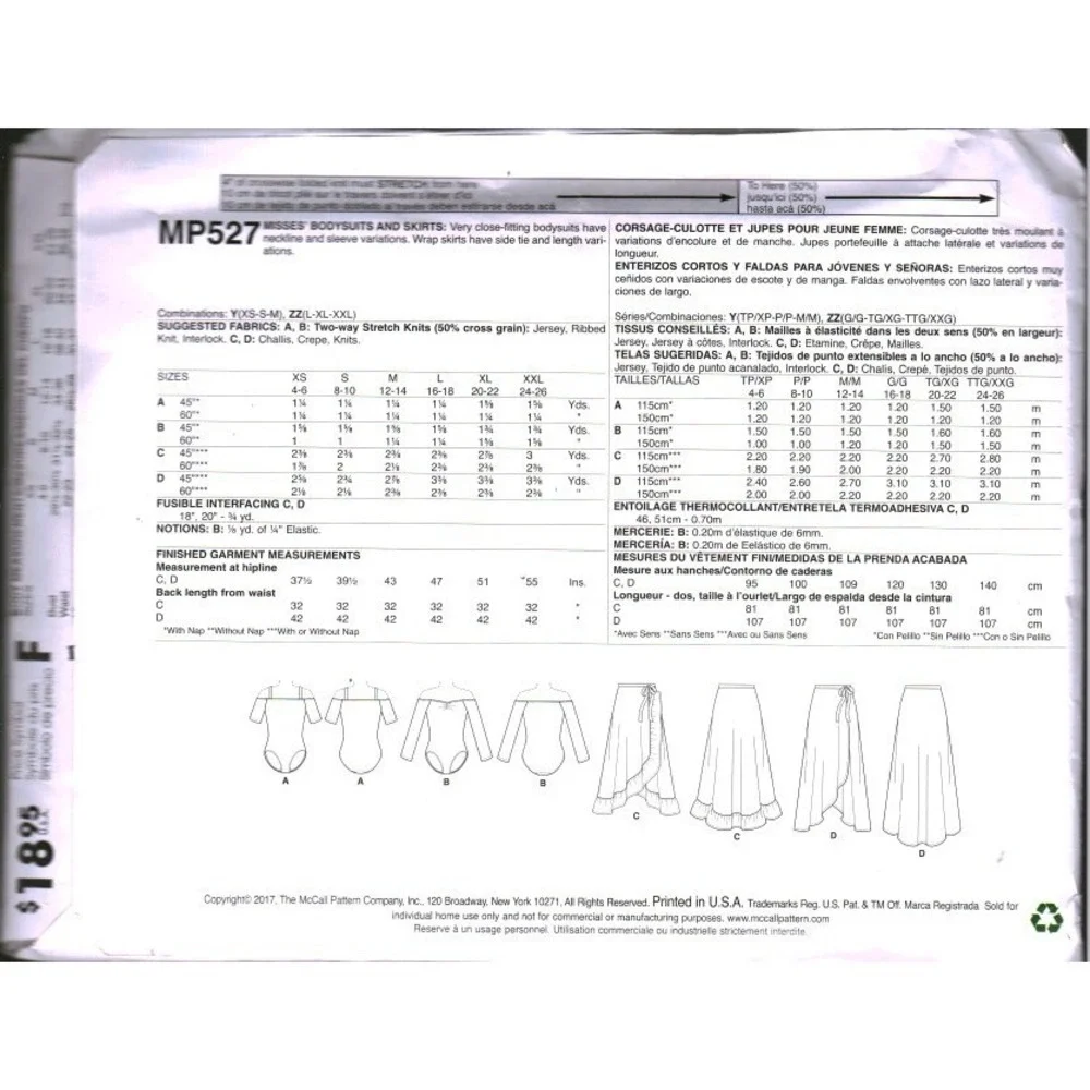 McCall's M0527 Misses Bodysuits and Wrap Skirts Sewing Pattern Size ZZ Lrg
